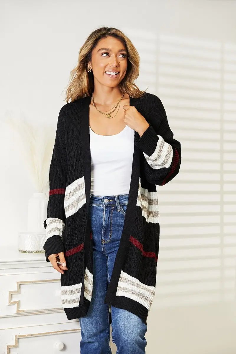 Perfee Striped Rib-Knit Drop Shoulder Open Front Cardigan - Love Salve